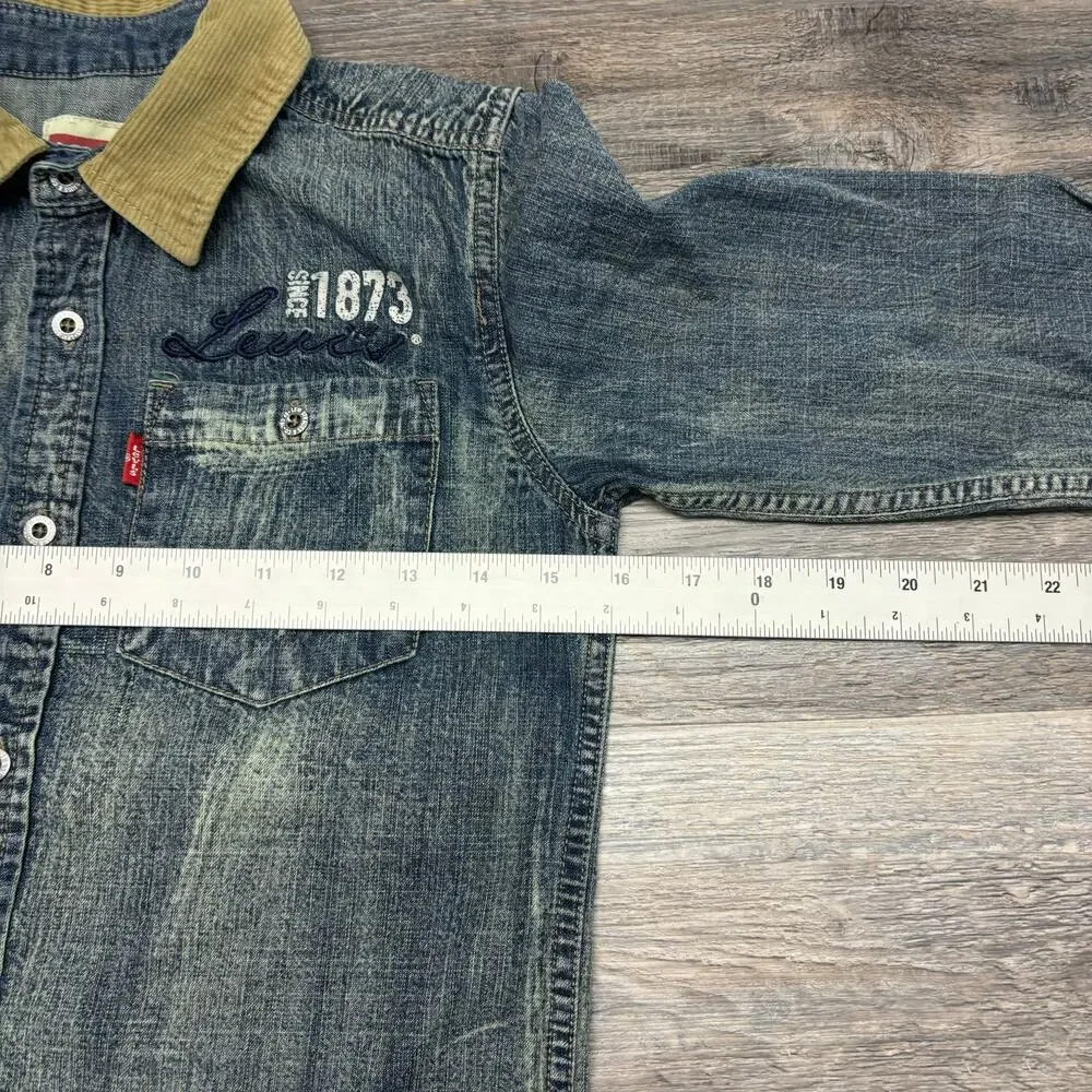 NWT Levis Corduroy Collar‎ Dark Wash Blue Boys S Button Up Denim Shirt Red Tab